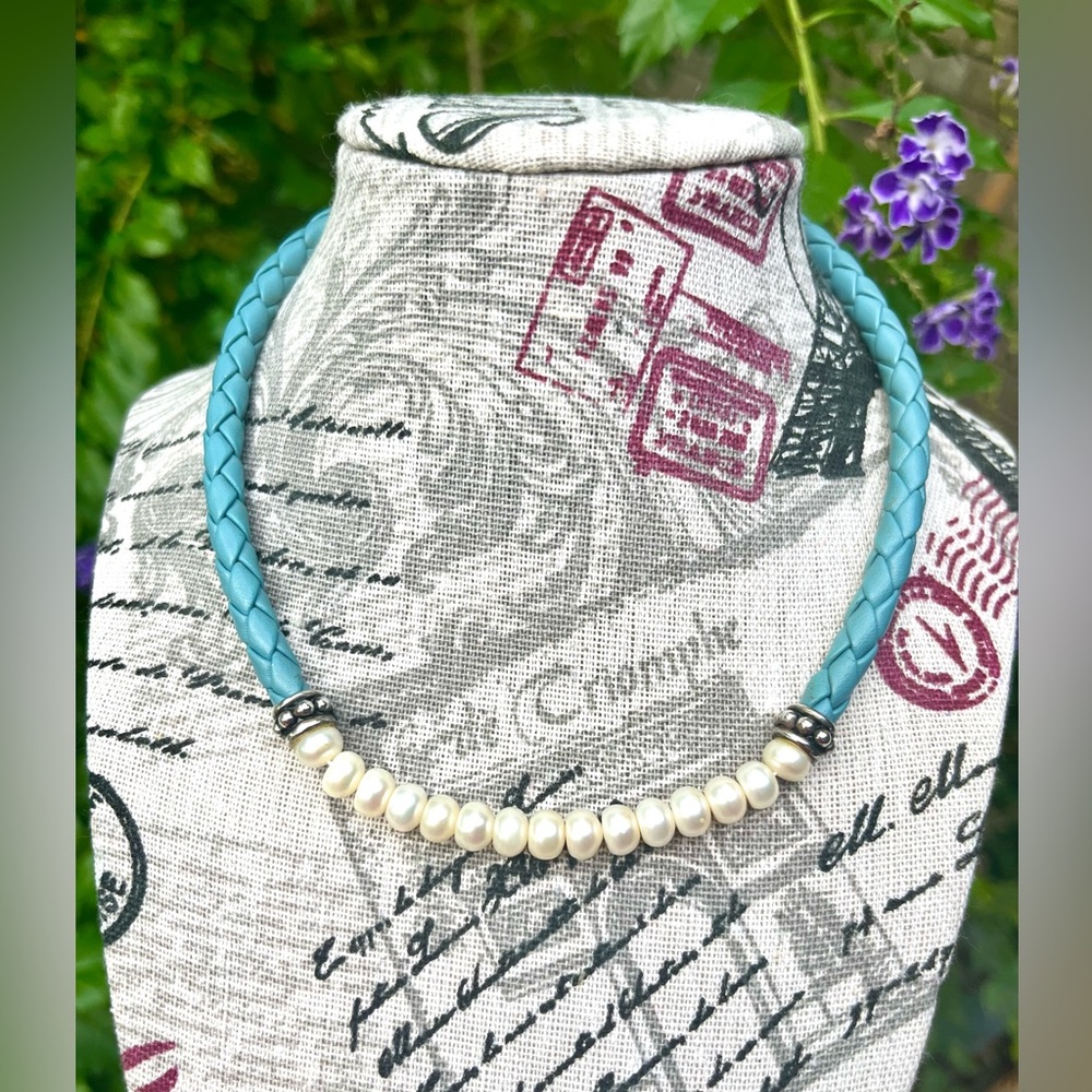 Honora Cultured Pearl and Braided Leather in Blue with Sterling Silver clasp - Picture 3 of 6